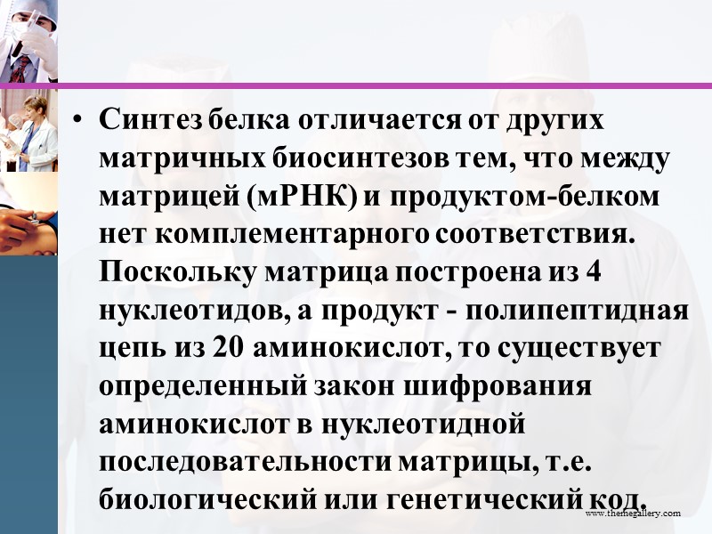 Синтез белка отличается от других матричных биосинтезов тем, что между матрицей (мРНК) и продуктом-белком